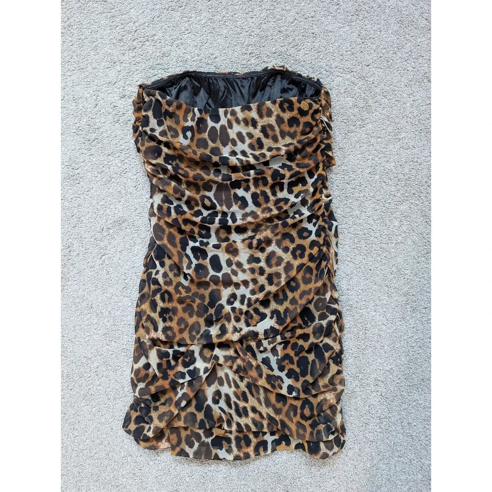 Express Leopard Print Strapless Mini Dress Women Brown Ruched Draped Party